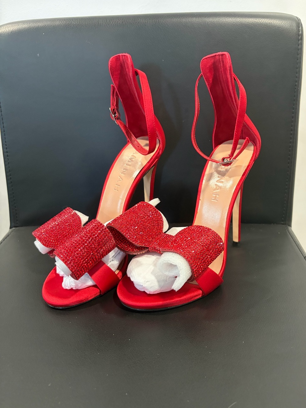 Red Crystal Bow High Heel Sandals - Women's Heels